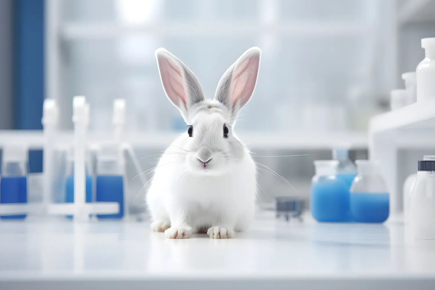 Weißes Kaninchen im Labor. Tierversuche für die Wissenschaft.